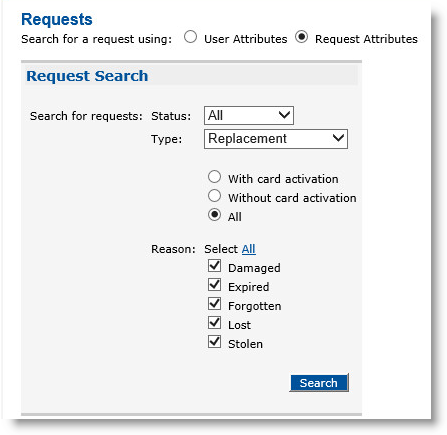 Requests tab of CMS Operator portal with Request Attributes option selected as request search criterion and Request Search field for Status set to All and Type set to Replacement with All option set and all Reasons selected